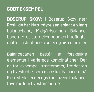GODT EKSEMPEL Boserup Skov: I Boserup Skov n r Roskilde har Naturstyrelsen anlagt en lang balancebane, Midg rdsormen....